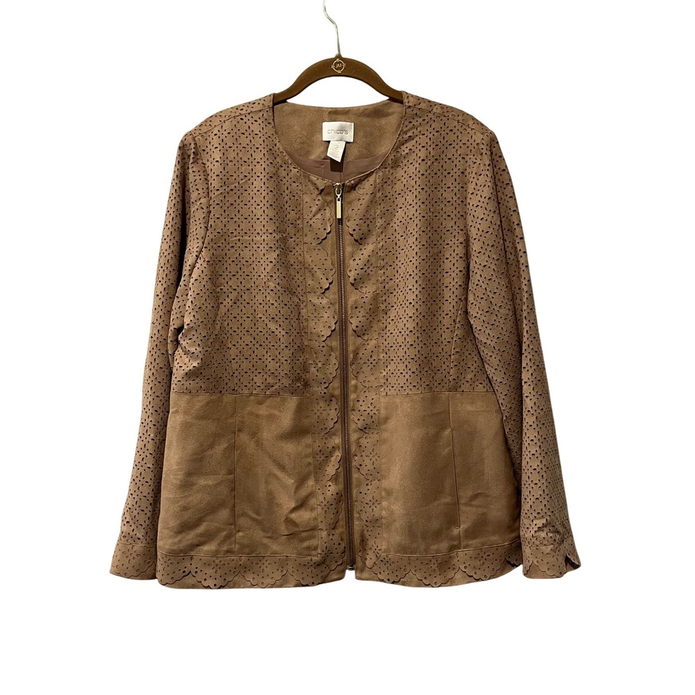 Chico's Laser Cut Faux Suede Jacket Camel Brown Women's 2 Large Western Boho